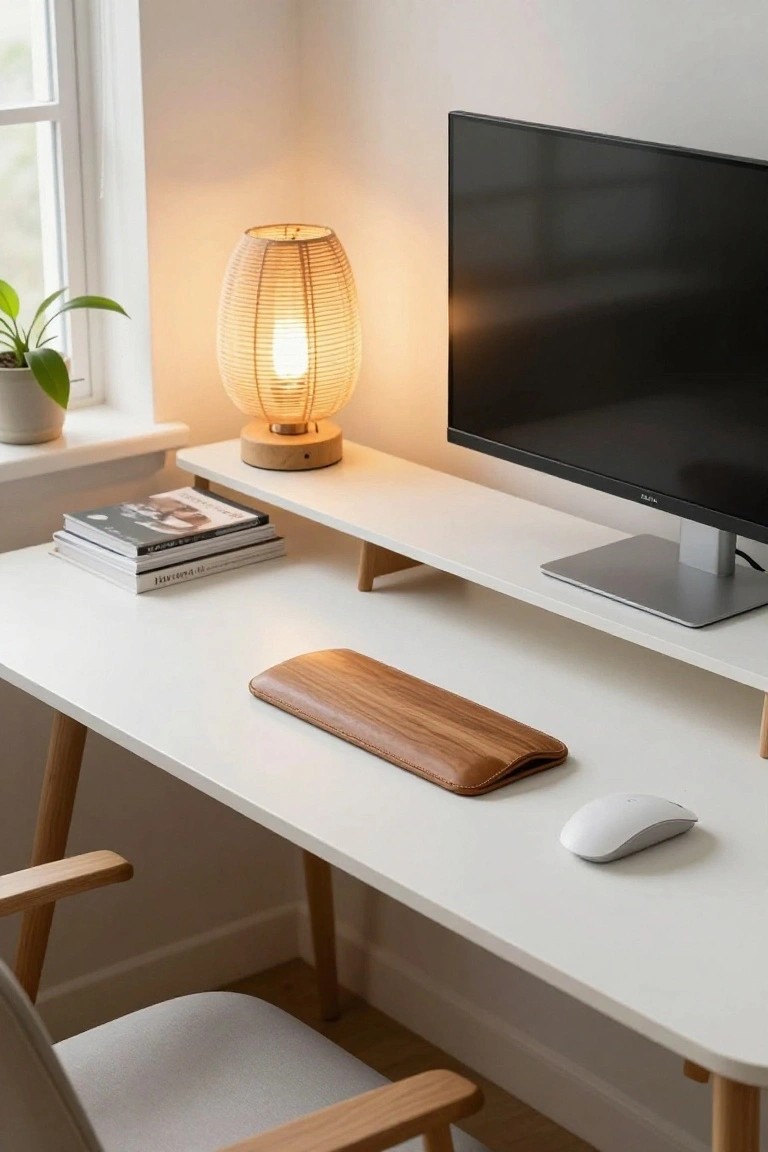 A minimalist white desk with oak legs in a bright corner room, featuring an elevated monitor shelf, wooden wrist rest, white mouse, bamboo lamp, potted plant, stacked books, and a light gray chair.