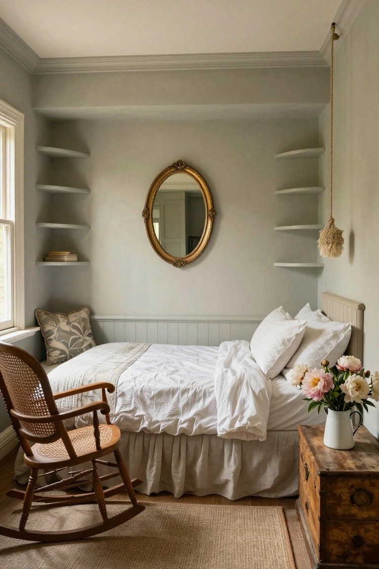 A small bedroom with a bed tucked into a paneled alcove flanked by floating wood shelves, an ornate oval mirror on the wall, a rattan rocking chair, white linens, and a bouquet of peonies on a wooden nightstand beside seagrass flooring.