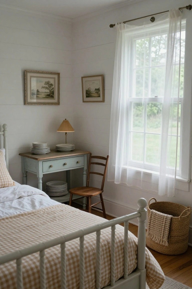 Farmhouse bedroom corner with shiplap walls, spool bed in gingham bedding, green desk beside it holding stacked white plates and tan lamp, wooden chair, sheer curtains on multi-pane window overlooking greenery, and tall wicker basket on wood floor.