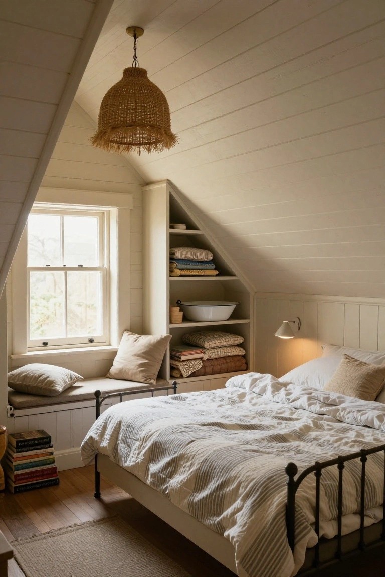 Attic bedroom with white shiplap walls and ceiling, rattan pendant light, built-in shelves holding linens and books above a cushioned window bench, iron bed with striped duvet, and hardwood floors.