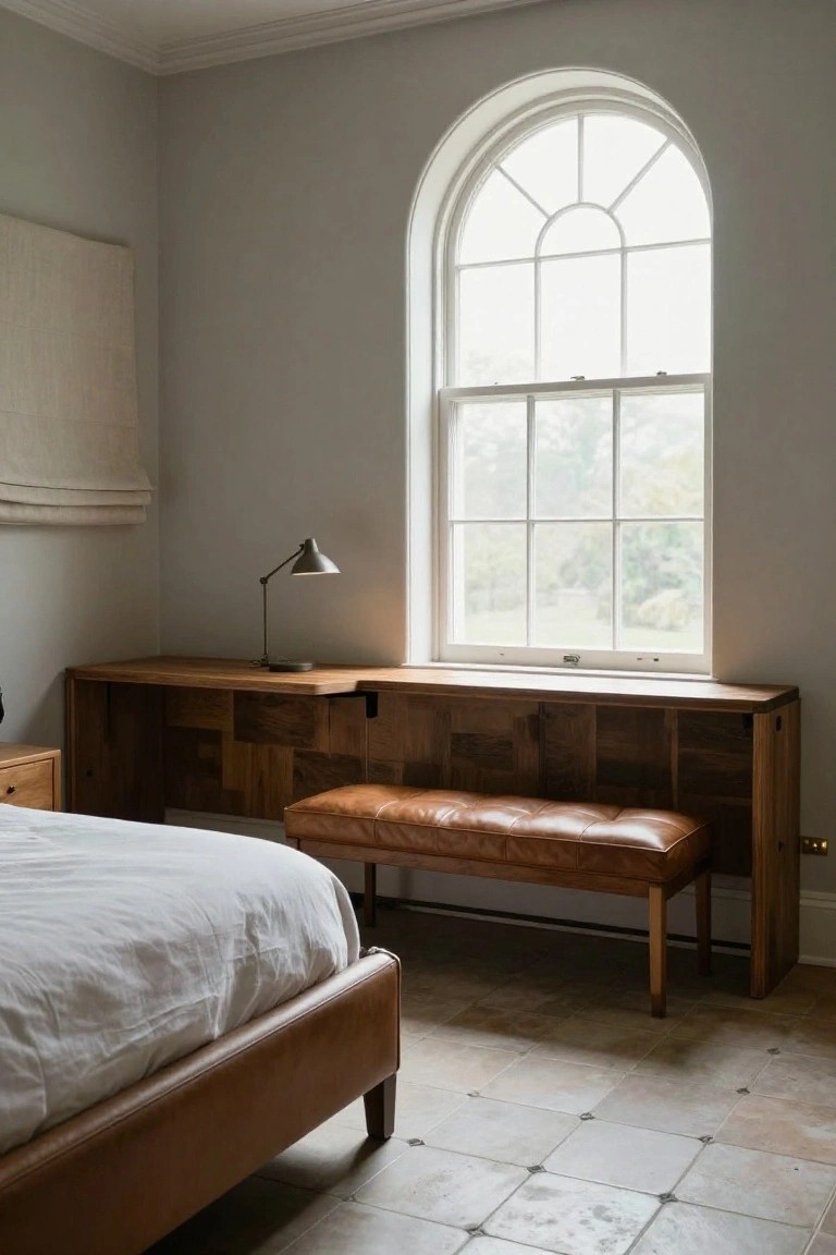 Bedroom interior with wooden built-in desk unit and leather bench under arched window, white bed nearby on tiled floor.