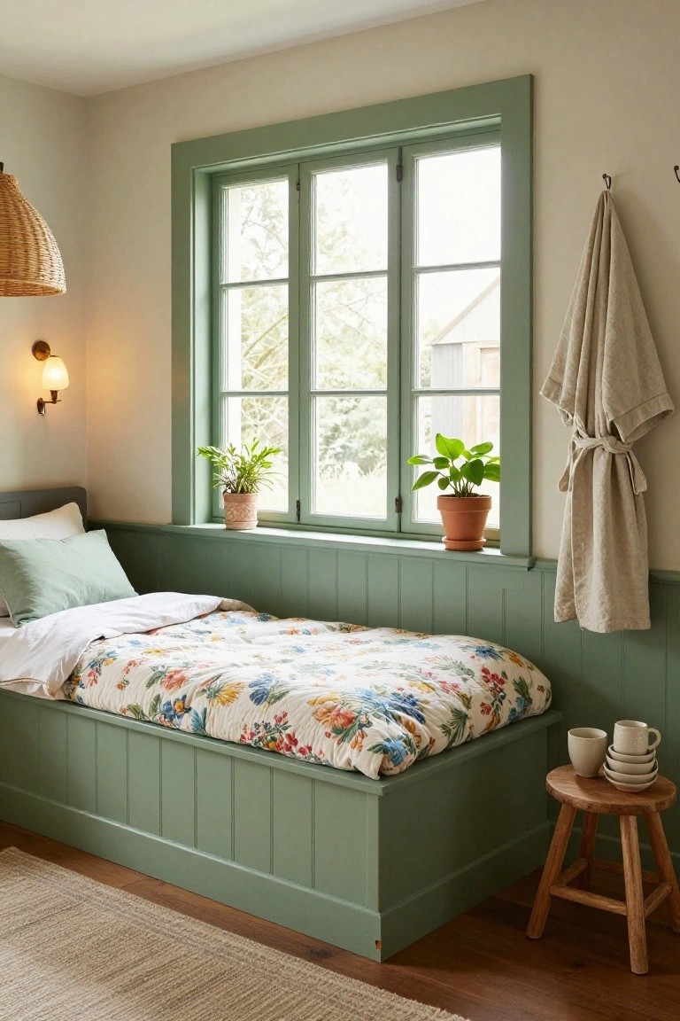 Cozy bedroom featuring a green bed, floral bedding, and natural light from large windows.