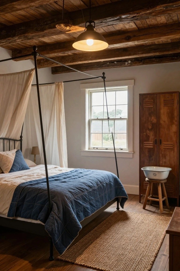 Farmhouse guest bedroom with exposed wooden beam ceiling, black iron canopy bed draped in sheer white fabric over blue quilted bedding, wooden wardrobe, metal tub on stool, and double-hung window.