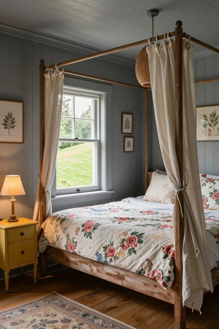 Wooden four-poster bed with white draped curtains and floral quilt in a gray-paneled bedroom with yellow nightstand, botanical art, and window view of green hillside.