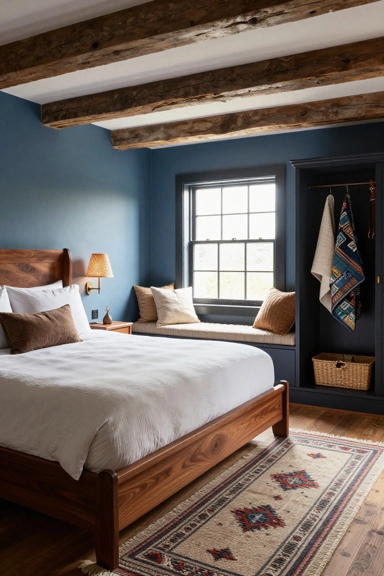 Bedroom interior with navy blue walls, exposed dark wooden ceiling beams, wooden bed frame with white linens and throw pillows, built-in window seat with cushions, dark wardrobe cabinet, and woven rug on hardwood floors.