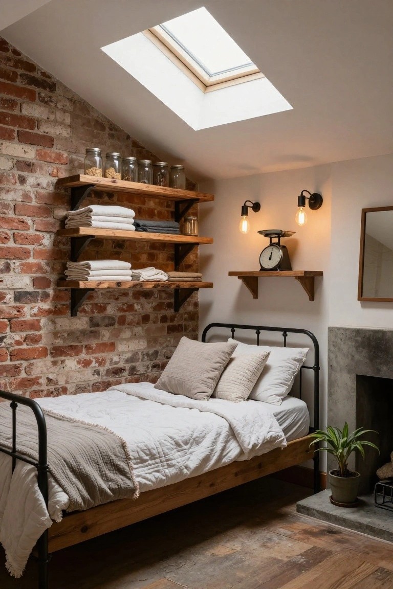 Attic guest bedroom featuring exposed brick wall with wooden floating shelves holding jars, linens, and a scale, black metal bed frame with white and gray bedding, skylight overhead, wall lights, small concrete fireplace, potted plant, and wood plank floor.