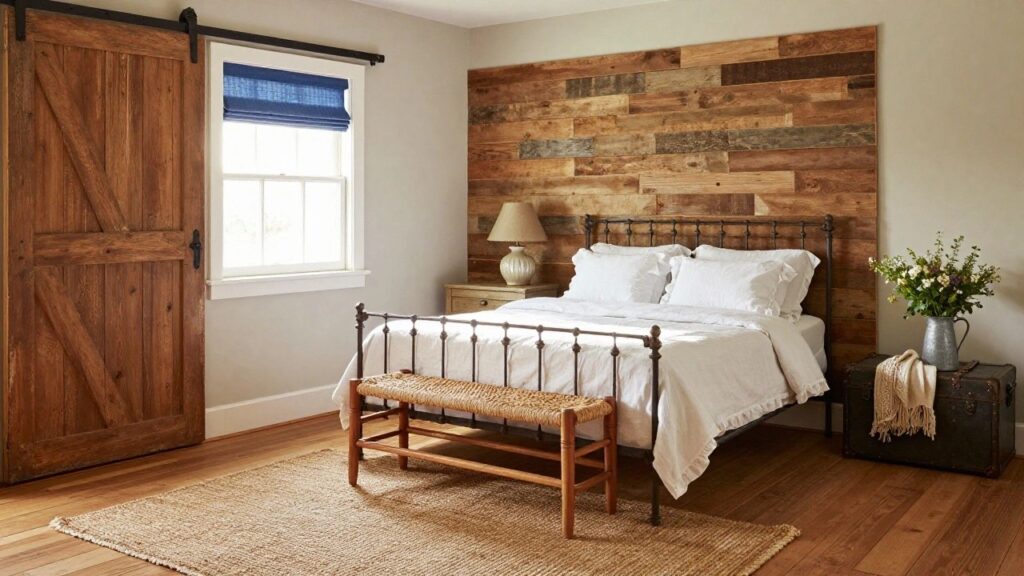 21 Inviting Farmhouse Guest Bedroom Ideas That Impress Every Time A bedroom with a black metal bed frame featuring a headboard made from horizontal reclaimed wood planks, white ruffled bedding, pillows, blue roman shades on two windows, a ladder with a towel, a vase of flowers in a metal pitcher next to a wooden trunk, and hardwood floors with a seagrass rug.