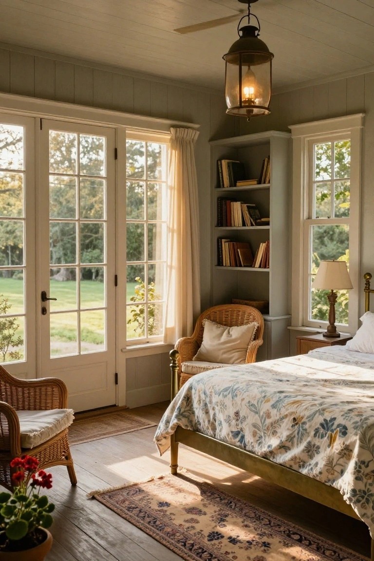 A light-filled bedroom featuring a bed with floral quilt, wicker armchairs, bookshelves, and large French doors plus windows overlooking a green garden and trees.