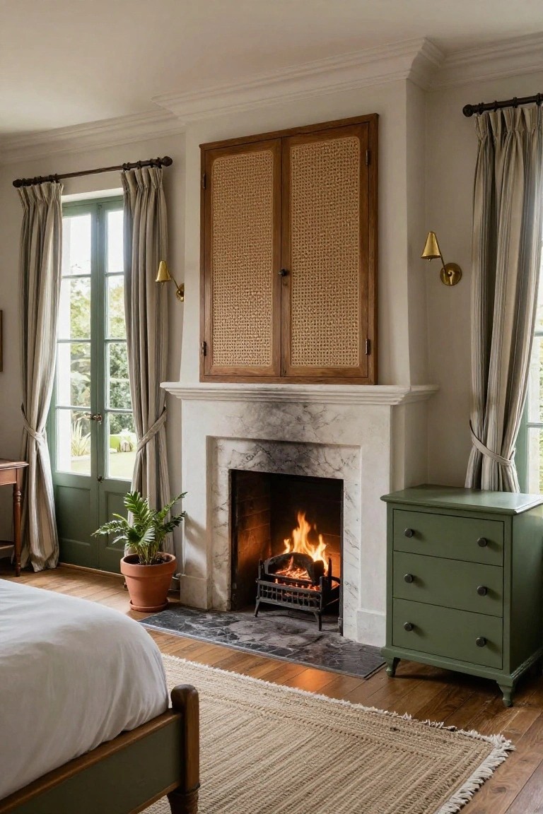 Bedroom with marble fireplace topped by tall wooden cabinet with rattan doors, sage green chest of drawers, wooden bed with white bedding, potted plant, and French doors with beige curtains.