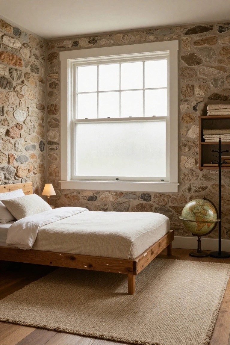 A cozy bedroom with textured gray stone walls, a low wooden platform bed draped in white linens, a large frosted window, wooden flooring, and a green globe stand in the corner.