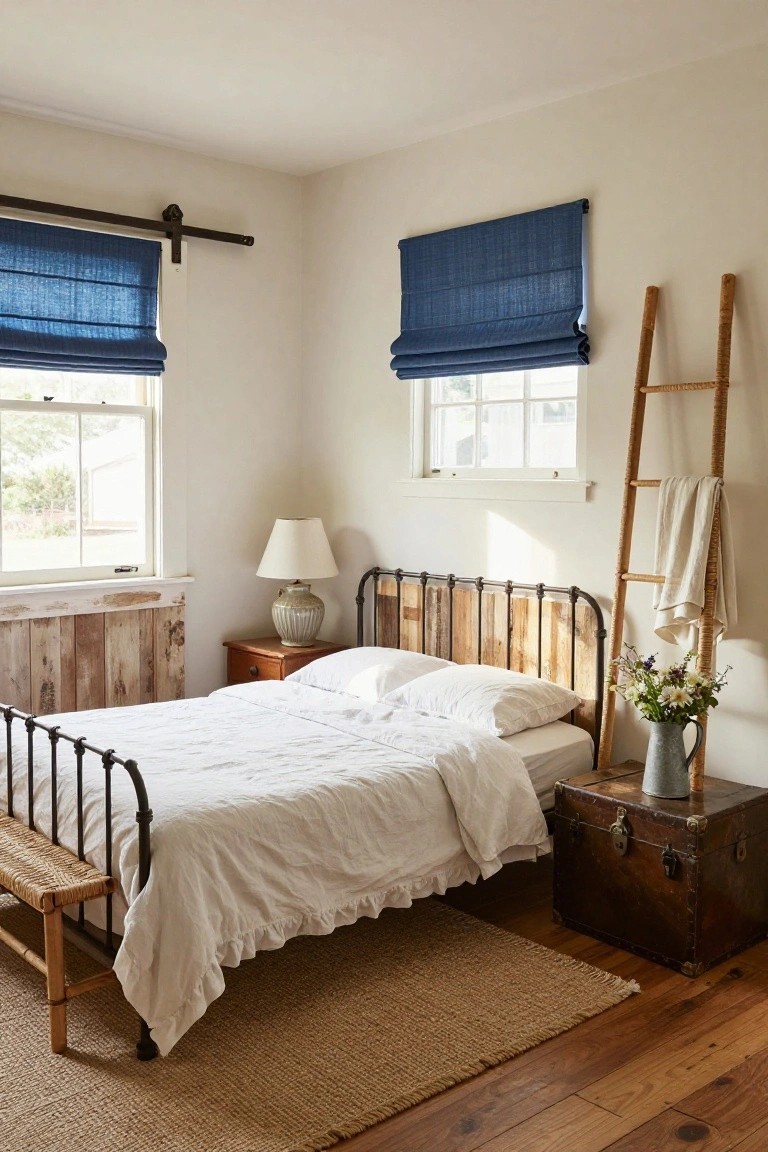 A bedroom with a black metal bed frame featuring a headboard made from horizontal reclaimed wood planks, white ruffled bedding, pillows, blue roman shades on two windows, a ladder with a towel, a vase of flowers in a metal pitcher next to a wooden trunk, and hardwood floors with a seagrass rug.