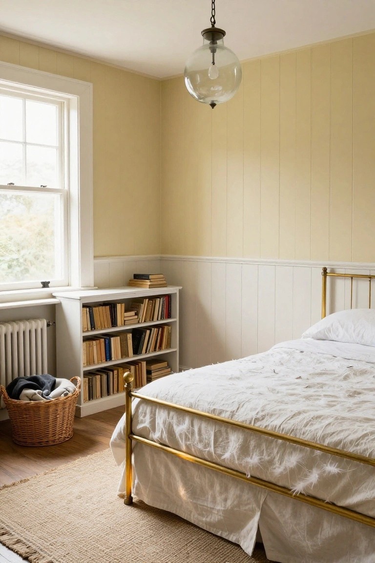 Bedroom with pale yellow board-and-batten walls above white wainscoting, brass bed frame with white linens and dust ruffle, built-in white bookshelves beside window and radiator, wicker laundry basket, and seagrass rug on wood floor.