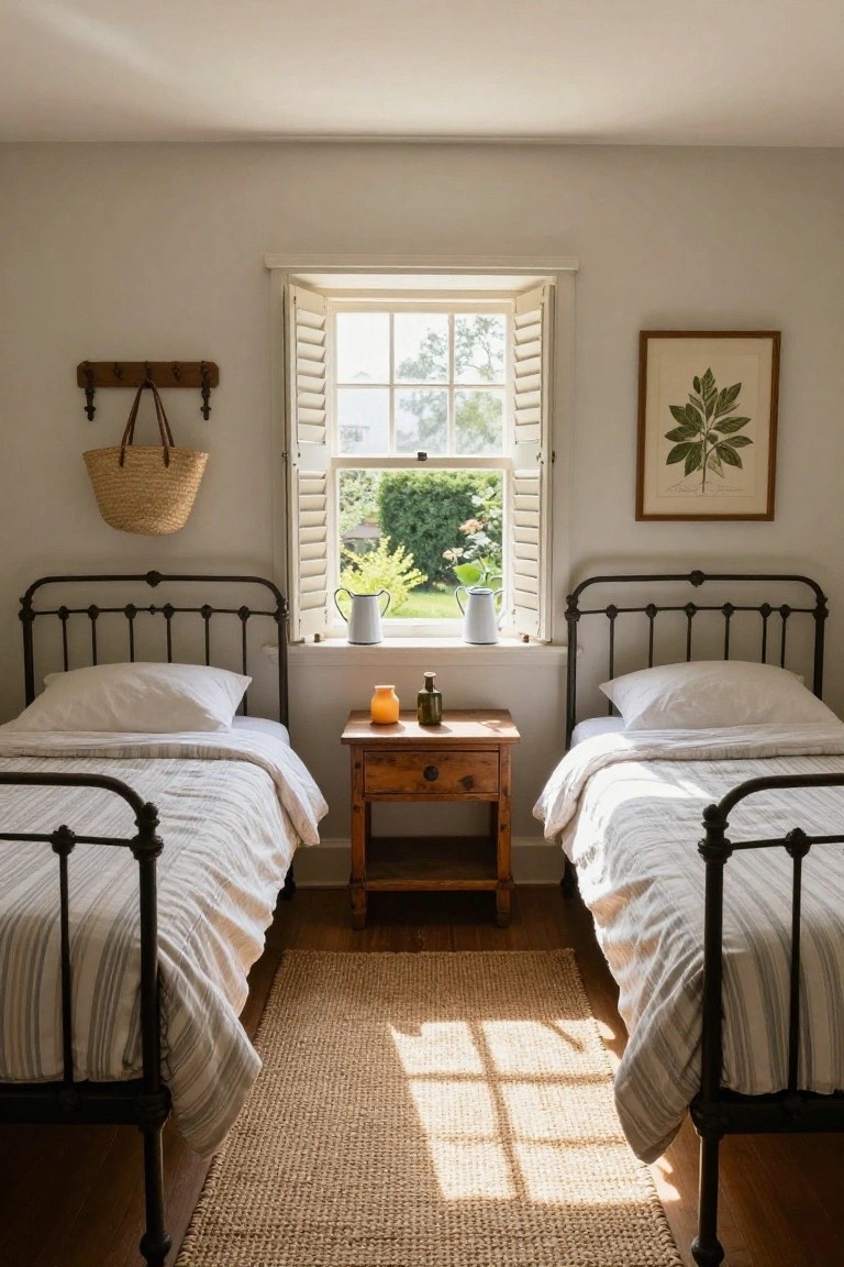 A light-colored farmhouse guest bedroom featuring two black iron twin beds separated by a wooden nightstand, with a large window with open shutters, a hanging straw basket, and a framed botanical print on the wall.