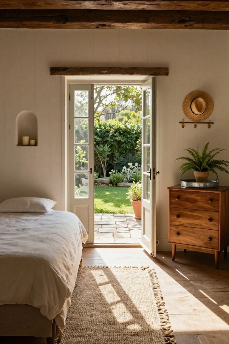 A sunlit bedroom with white paneled walls, exposed wooden beams, a low white bed with linen bedding, wooden dresser, potted fern, straw hat on wall, and wide French doors open to a lush green garden.