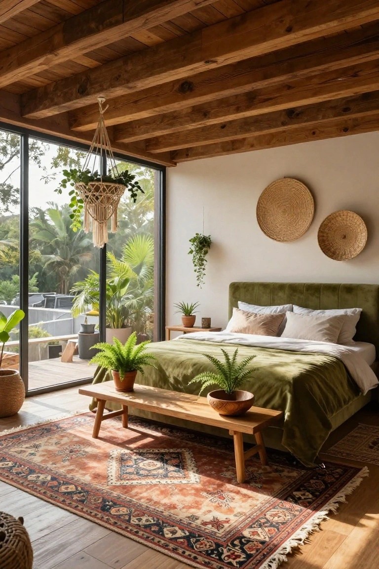 Boho bedroom with sage green velvet bed, exposed wooden ceiling beams, multiple potted plants and hanging baskets, woven wall baskets, wooden bench, and large glass windows showing palm trees, pool deck, and tropical landscaping.