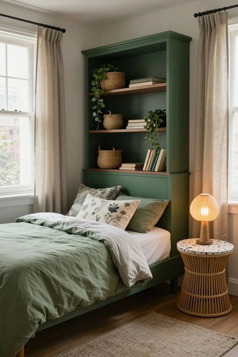 Bedroom corner with a tall green-painted built-in bookcase serving as headboard, filled with books, woven baskets of plants, and trailing vines, beside a bed with green linens, a rattan side table with lamp, sheer curtains on windows, and hardwood floors.