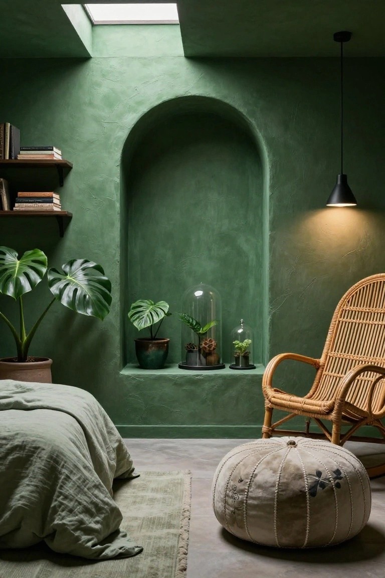 Bedroom interior with deep green textured plaster walls, an arched niche containing potted plants and glass cloches on a shelf, flanked by monstera plants, a rattan armchair with pouf, and a bed with linen bedding.
