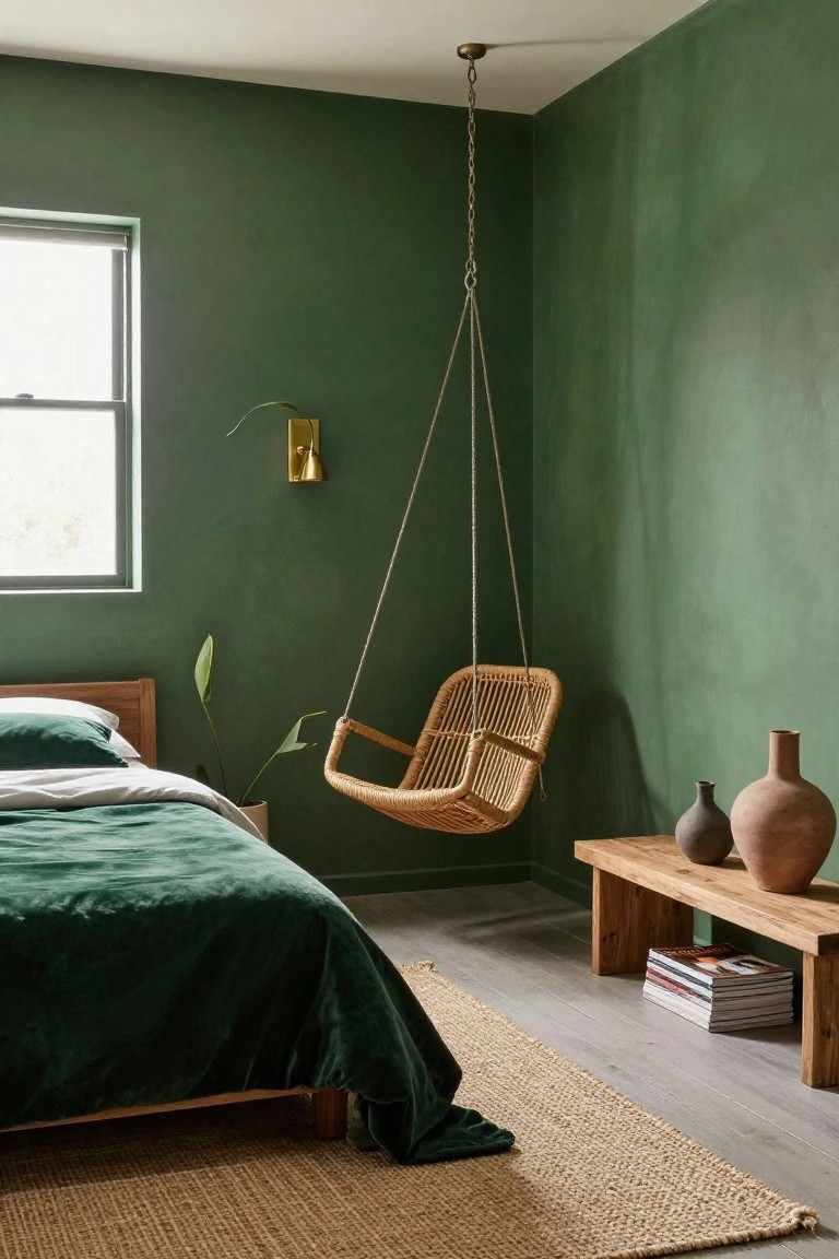 A bedroom featuring deep green walls, a low wooden bed with green velvet bedding and white pillows, a hanging rattan swing chair in the corner, a potted plant near the bed, two ceramic vases on a wooden bench, and a jute rug on light wood floors.