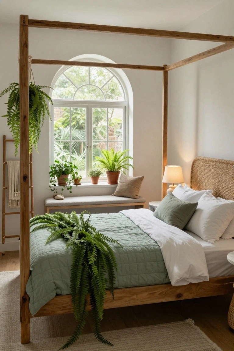 Wooden four-poster bed frame with trailing ferns draped over the posts and onto a green quilted bedcover, rattan headboard, plants on windowsill, ladder shelf with towel, and arched window in a white-walled bedroom.