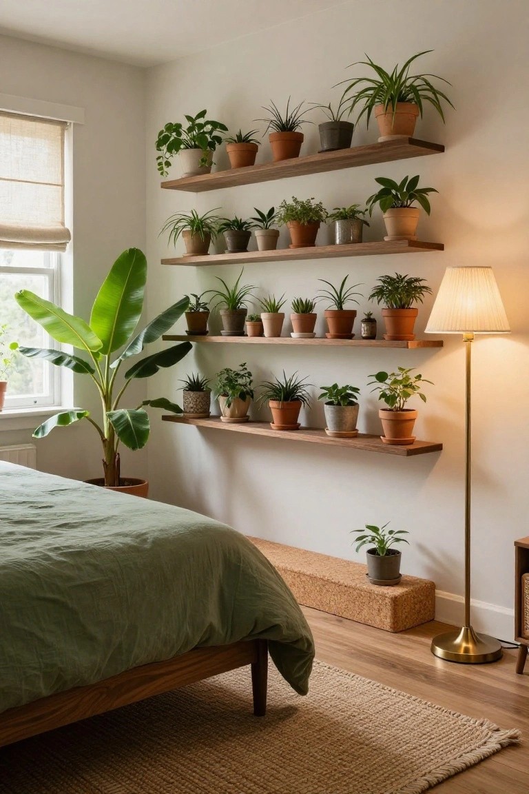 Bedroom with white walls and multiple wooden floating shelves holding various potted plants including a tall banana plant near the window, green bedding on a wooden bed frame, floor lamp, and cork bench.