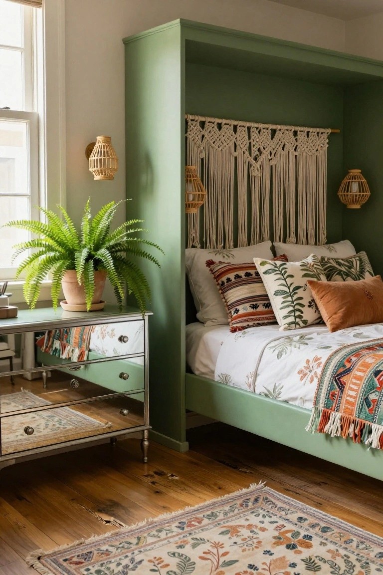 Bedroom with a green-painted built-in bed alcove, white macrame wall hanging, assorted patterned pillows and duvet, fern plant on mirrored teal dresser, and patterned rug on hardwood floors.