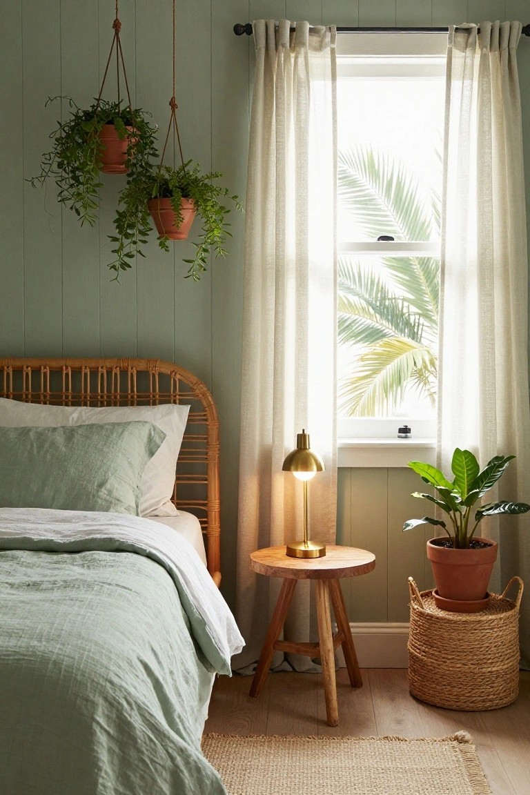 Bedroom with sage green vertical board-and-batten walls, rattan headboard bed dressed in white and sage linens, two hanging terracotta pots with trailing plants, brass floor lamp beside wooden tripod side table, potted peace lily in terracotta pot atop woven basket, sheer curtains at window overlooking palm fronds, seagrass rug on wood floor.
