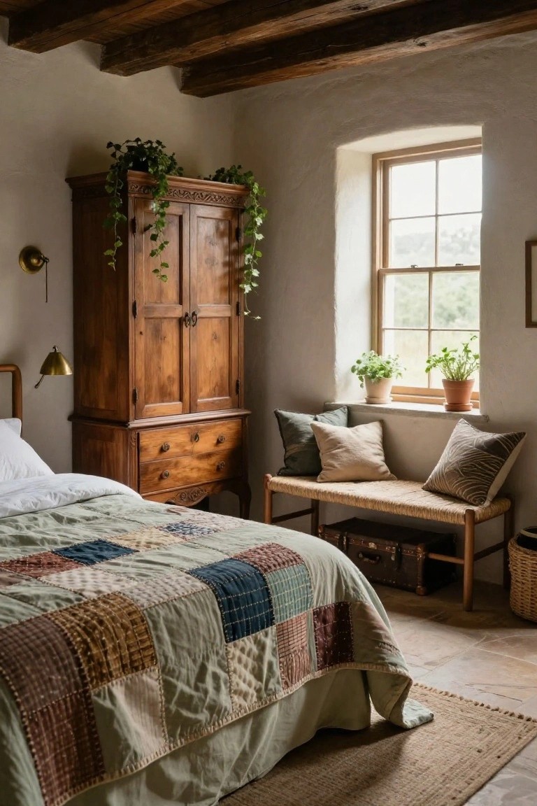 Bedroom interior with white adobe walls, exposed wooden ceiling beams, tall wooden wardrobe covered in trailing ivy, wooden bed with patchwork quilt, bench at foot, and potted plants on windowsill.
