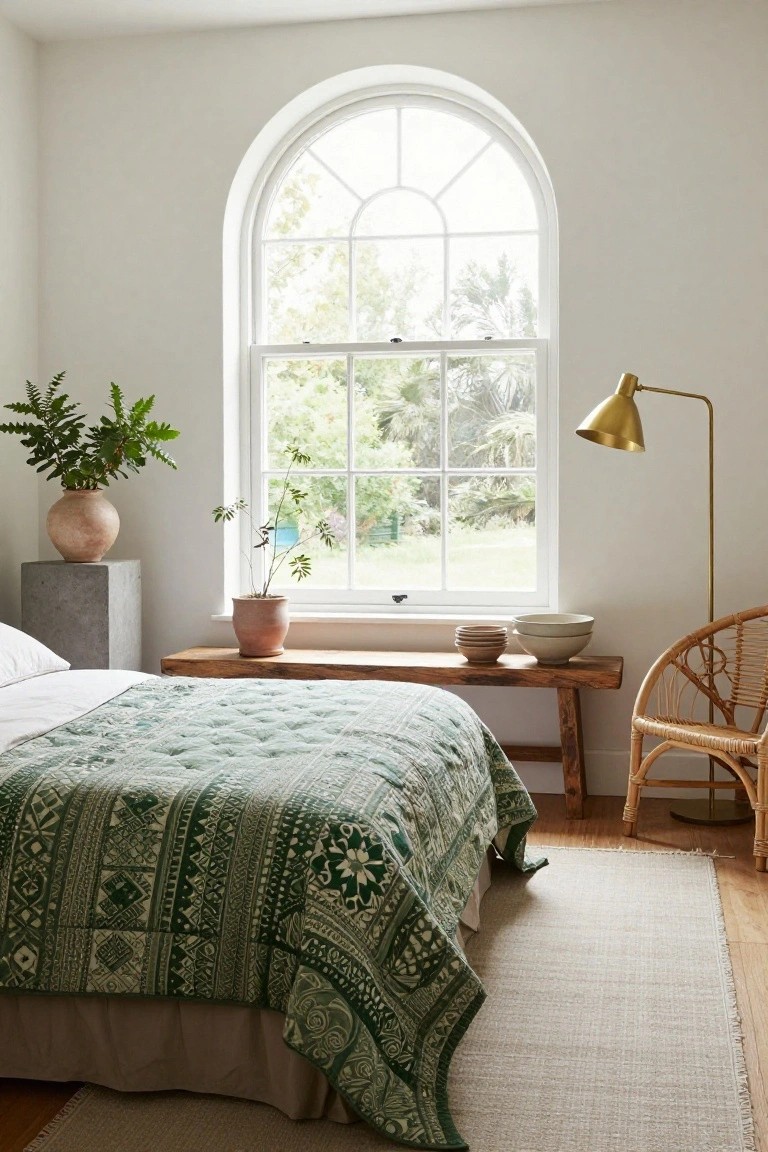 Bedroom corner showing a bed with emerald green quilted bedspread featuring geometric and floral patterns, wooden bench holding bowls and potted plant, large arched window with garden view, ferns in terracotta pot on concrete pedestal, rattan chair, and gold arched floor lamp.