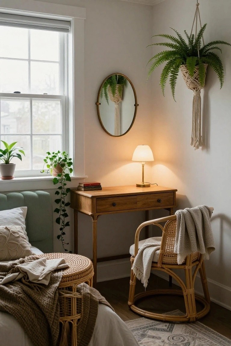 Bedroom corner with wooden desk, brass table lamp, rattan chair with throw blanket, hanging fern in macrame basket, trailing ivy plant on windowsill, potted plants, green tufted headboard, and neutral rug.