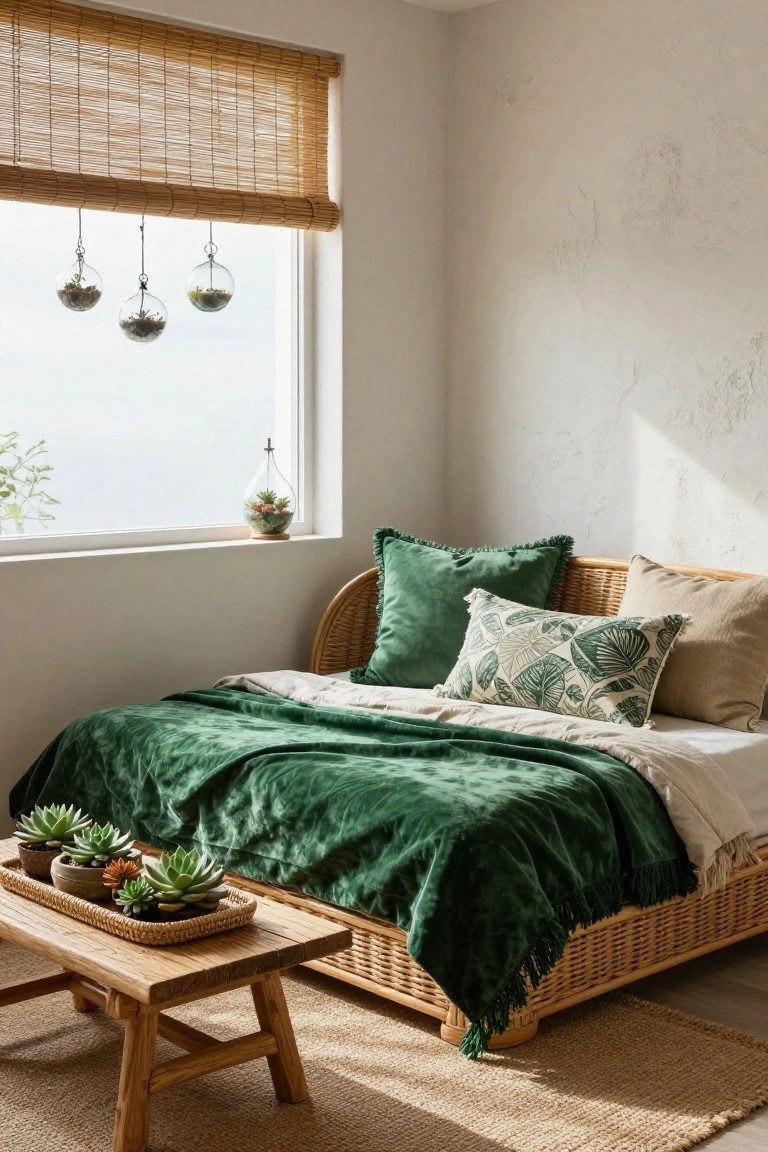 A cozy bedroom interior with a low rattan daybed draped in green velvet blanket and pillows, hanging glass terrariums and a glass plant holder by a window with bamboo blinds, potted succulents on a wooden stool, and a seagrass rug on the floor.