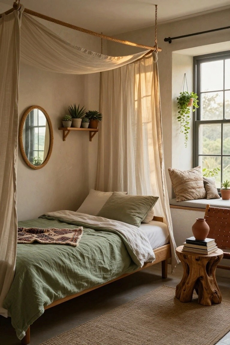 Cozy bedroom with low wooden bed under rope-suspended canopy frame draped in sheer white fabric, green quilt and pillows, potted plants on wooden shelves, round rattan mirror, window seat, and tree stump stool on seagrass rug.