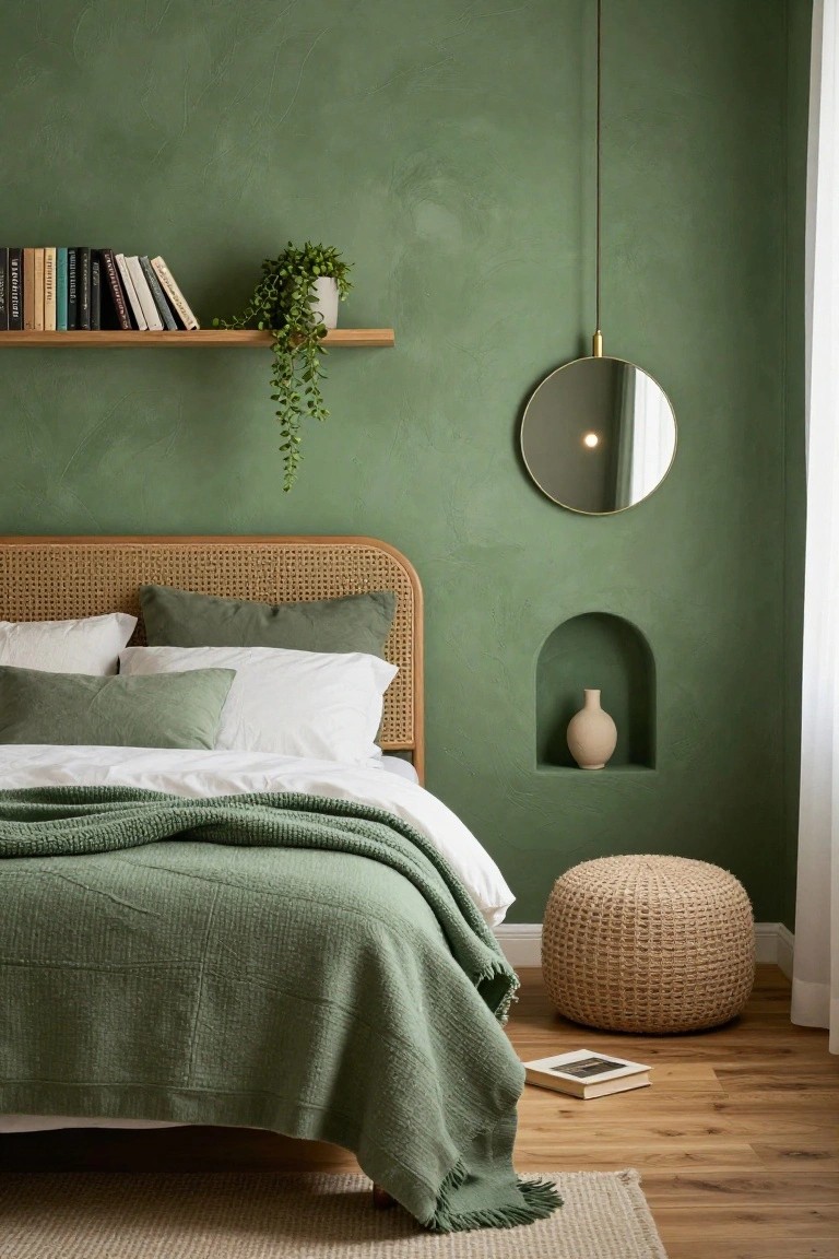 A bedroom with sage green textured plaster walls, a rattan bed frame with green and white bedding, floating oak shelves holding books and a potted plant, a gold-framed round mirror, an arched niche with a beige vase, a woven pouf, and light wood floors with a rug.