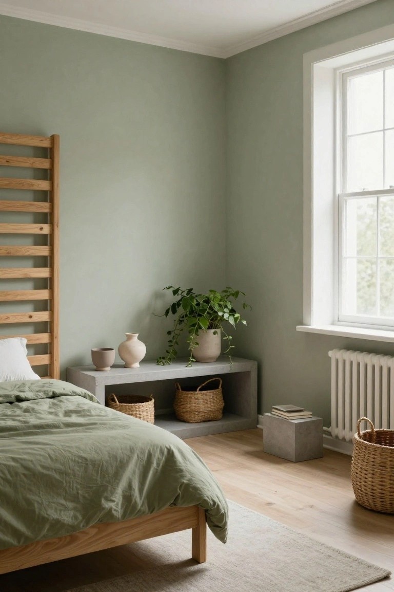 Bedroom corner with pale sage green walls, low wooden bed frame draped in green linens and white pillows, concrete nightstand with plants, ceramic vases, woven baskets, white window, radiator, and light wood floor.