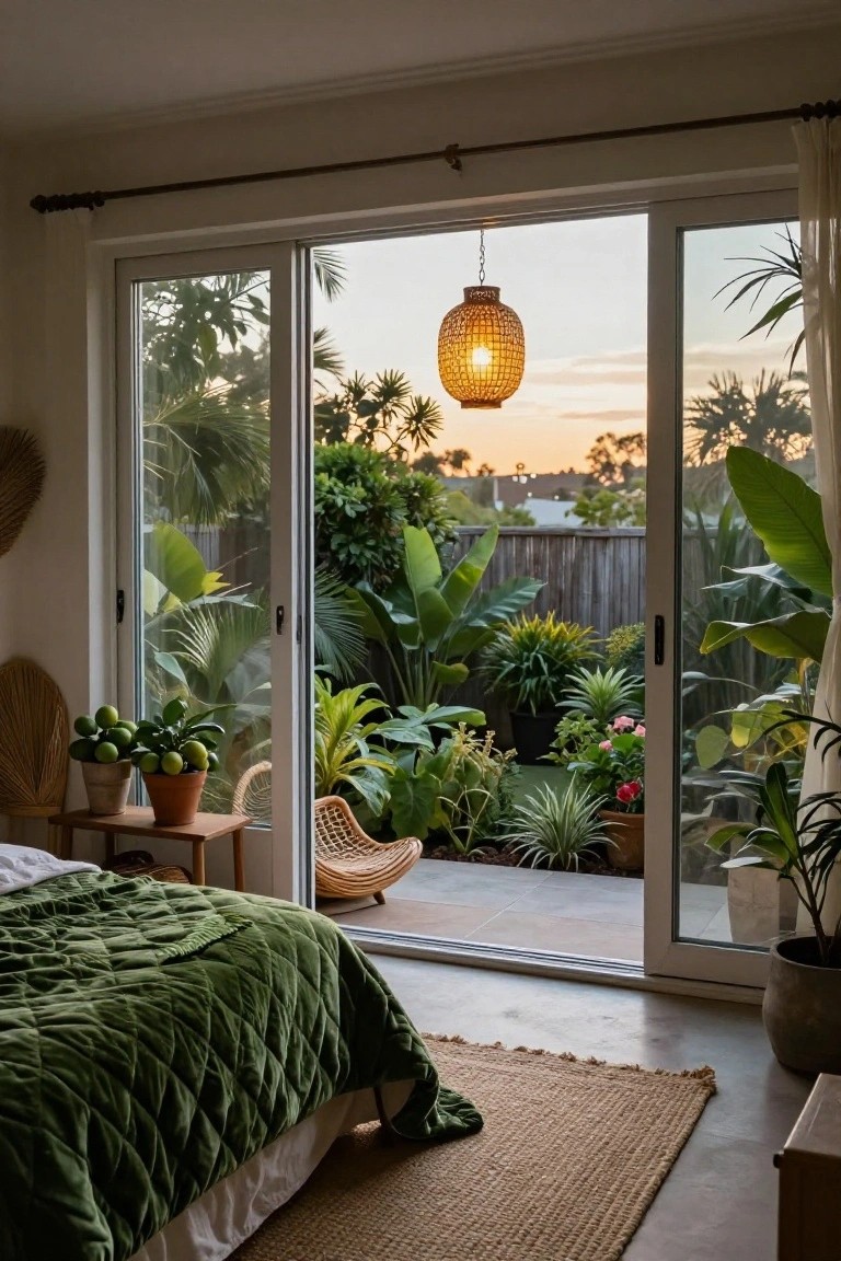 A boho bedroom with green quilted bed, rattan chair, potted plants on wooden table, and large sliding glass doors fully open to a lush backyard garden filled with palms, ferns, and flowers at sunset.