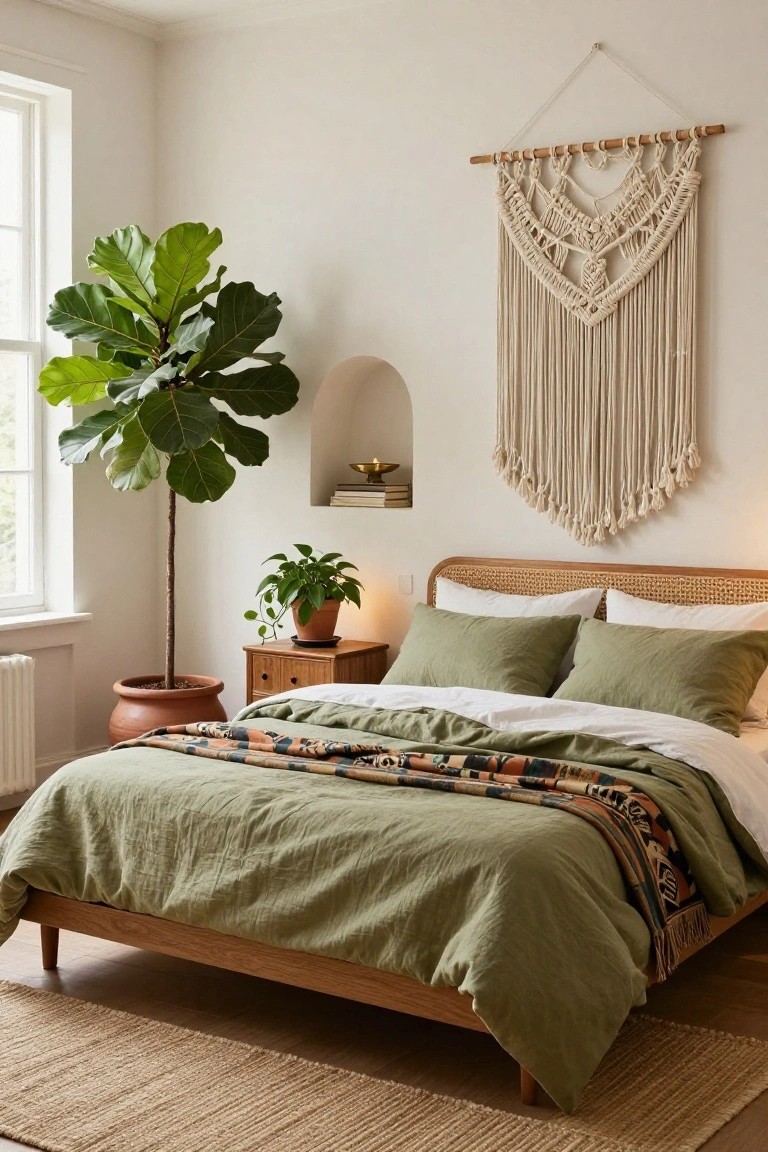Tall Fiddle Leaf Fig Next to the Bed