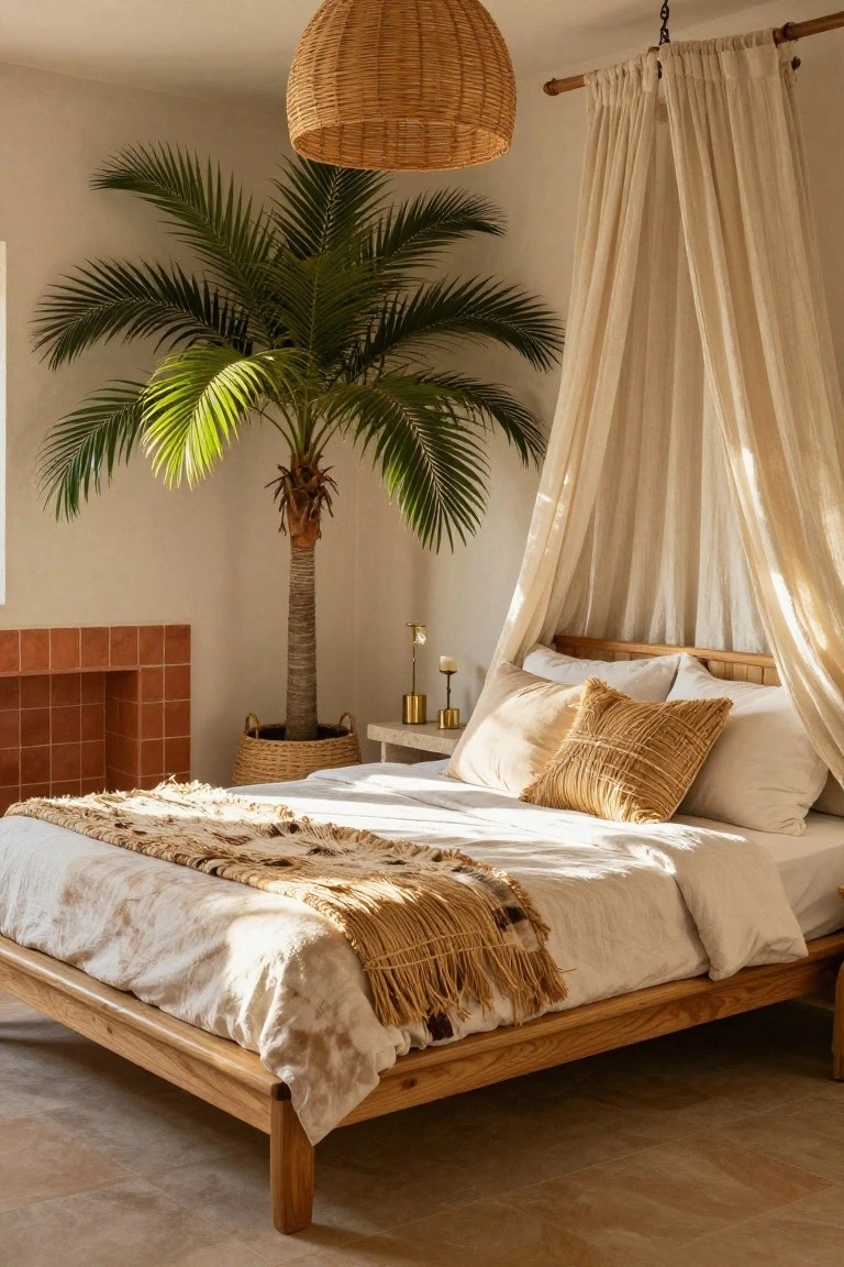 A boho bedroom with a low wooden canopy bed draped in sheer beige curtains and white linens, a tall potted palm tree beside it, rattan pendant light overhead, and beige tiled fireplace wall.