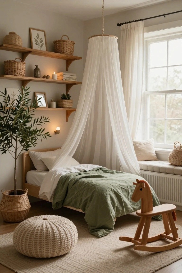 Children's bedroom featuring a wooden bed under a white fabric canopy, green quilt, tall potted olive tree in a basket beside the bed, wooden rocking horse, multiple wicker baskets on wooden shelves, and a large woven pouf on a beige rug.