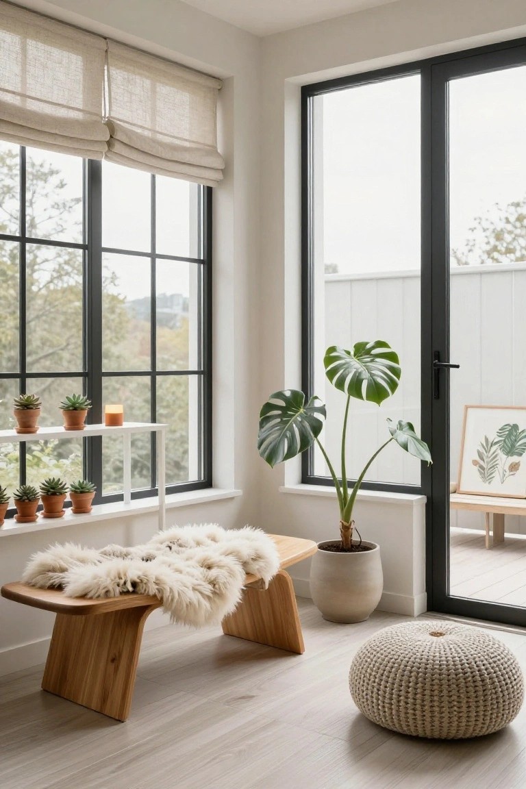 Sunroom corner with large black-framed windows overlooking trees, wooden bench draped in white sheepskin throw, white shelves holding potted succulents and candle, tall potted monstera plant, framed botanical prints, cream pouf, and light wood floors.