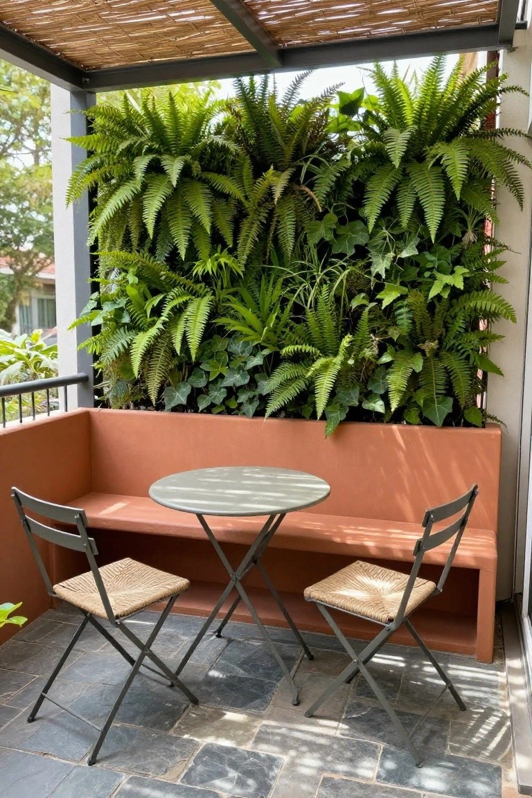 Balcony corner with terracotta built-in bench, small gray metal table, two black metal chairs with woven seats, lush green fern vertical garden wall, thatched bamboo roof overhead, and dark slate tile floor.
