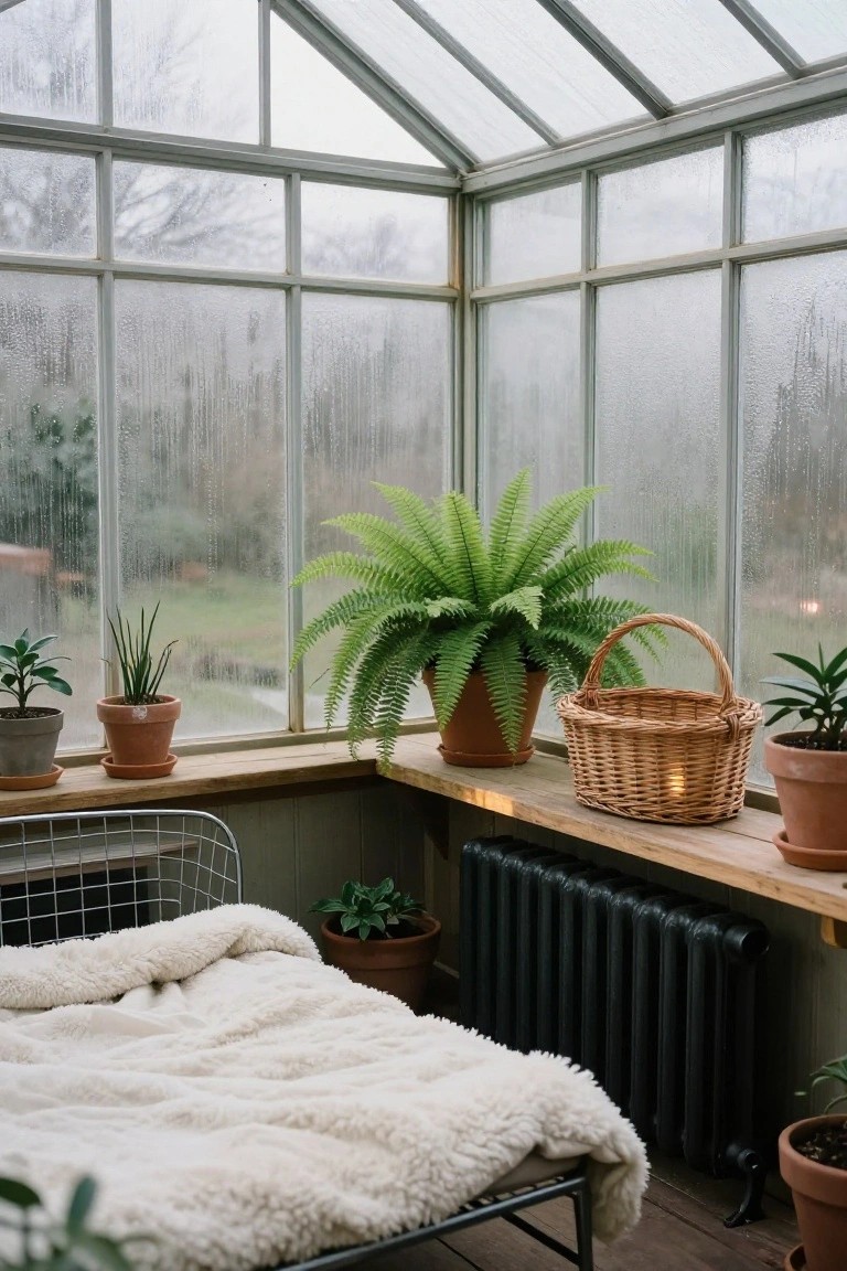 Glass-walled sunroom interior with misty windows, potted ferns and plants on wooden windowsills and shelves, wicker basket with candle, wire daybed draped in white fluffy blanket next to black radiator, and terracotta pots on floor.
