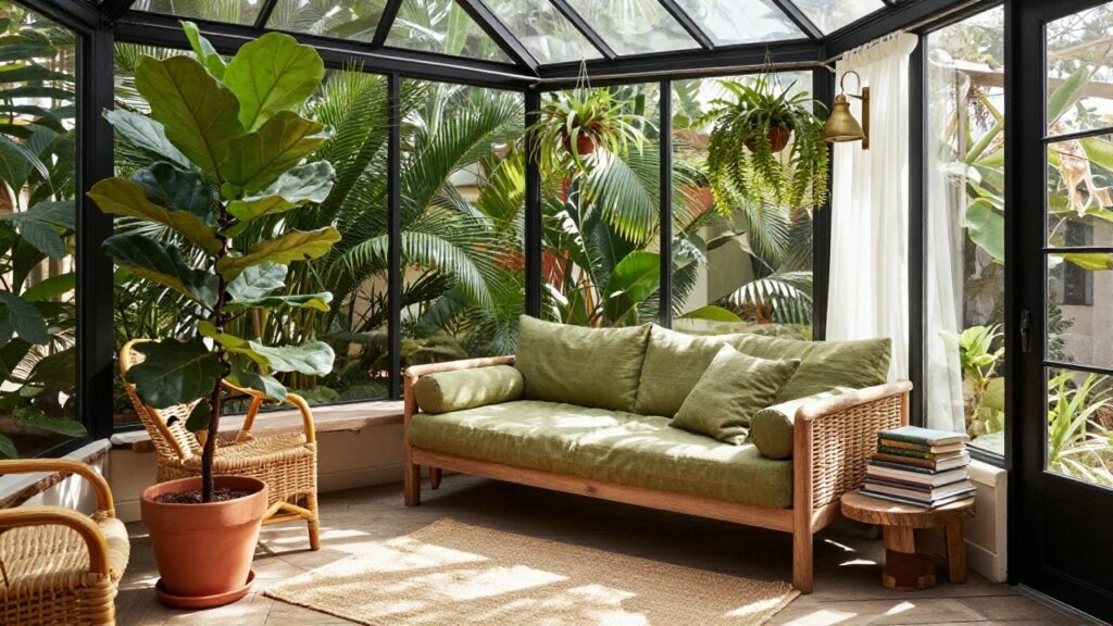 Sunroom interior with black-framed glass walls, a green-cushioned rattan daybed, large potted fiddle leaf fig tree, hanging plants, books on a side table, and outdoor garden views.