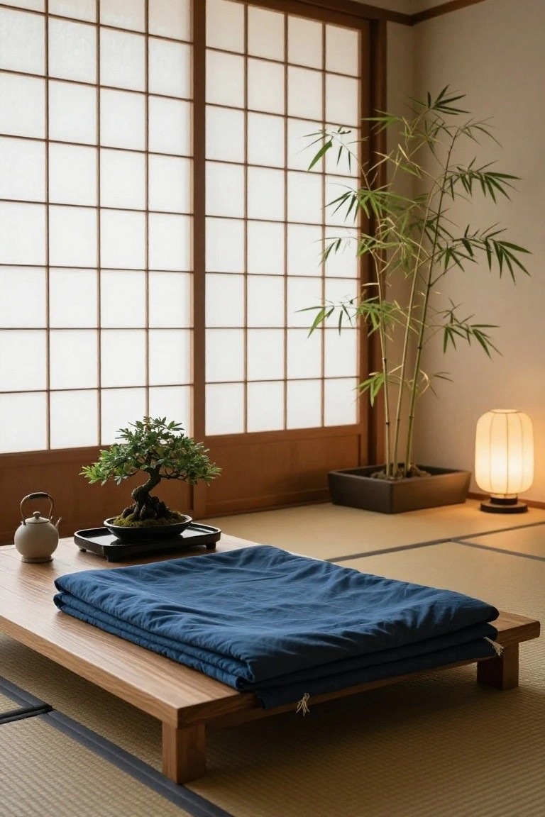 Japanese-style interior room with tatami mats, shoji screen windows, potted bamboo plant, bonsai tree on black tray next to white teapot, and navy futon folded on low wooden table.