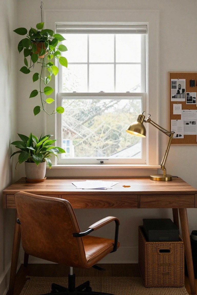 Corner wooden desk with brown leather chair, potted green plant on desk, hanging trailing plant near window with blinds partially open, brass adjustable lamp, corkboard on wall, and woven baskets nearby in a light room.