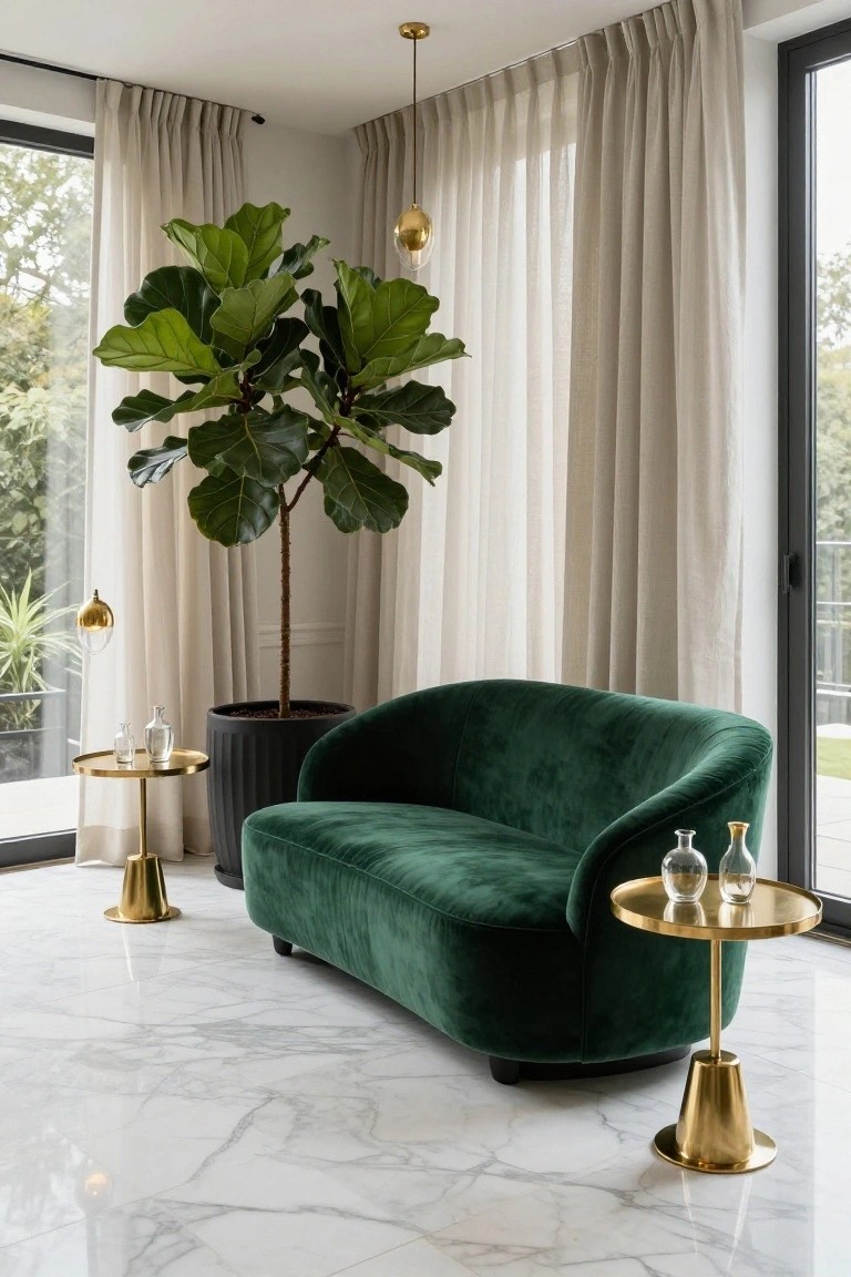 Curved emerald green velvet sofa in a sunroom corner next to a large potted fiddle leaf fig plant, with matching gold side tables holding glass bottles, sheer curtains on large windows overlooking greenery, and white marble tile floor.