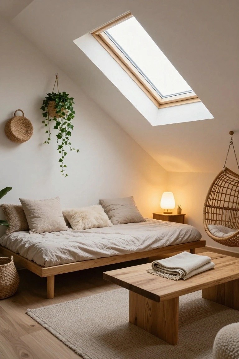 Attic bedroom with sloped white ceiling and skylight, low wooden platform bed with beige linens and pillows, hanging ivy plant in basket, rattan swing chair, wooden low table with blankets, potted plants, and beige rug on wood floor.