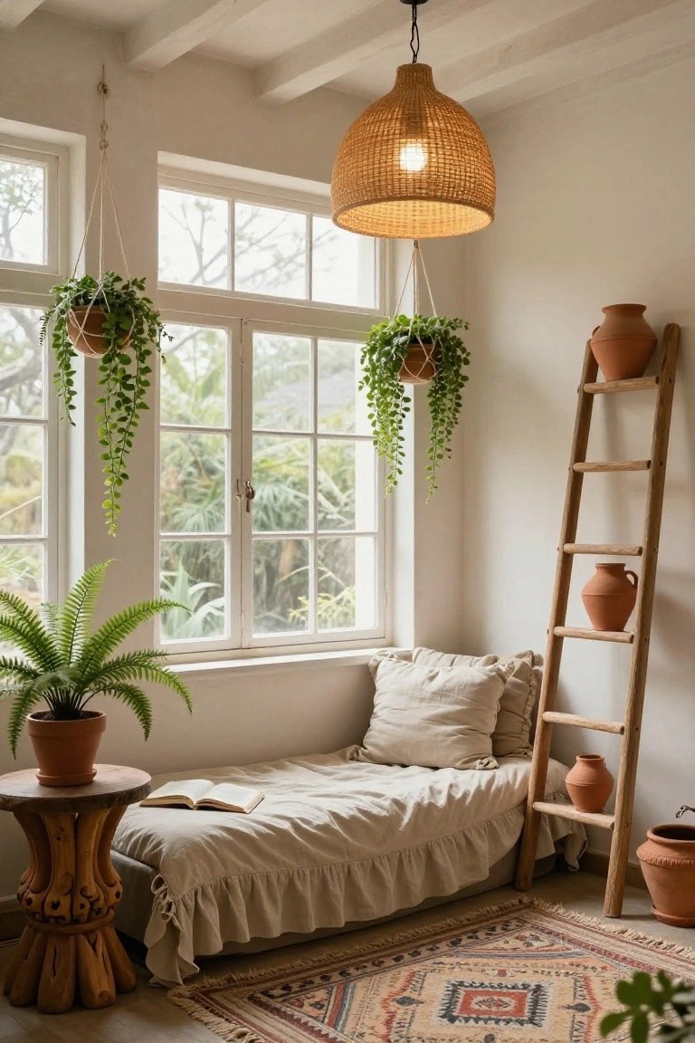 Wooden ladder leaning against white wall in sunlit room holding terracotta pots with trailing plants, beside low bed with pillows and open book near large windows with hanging plants.