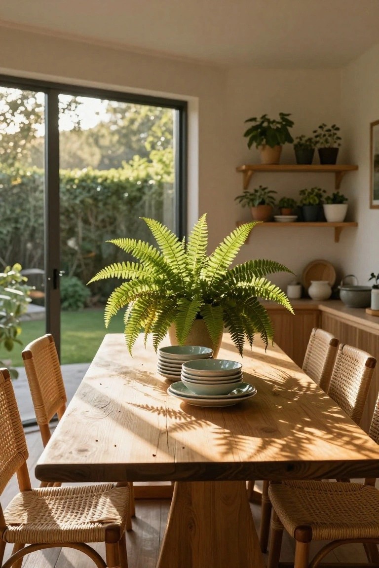 Sunlit indoor dining area featuring a wooden table with rattan chairs, a large potted fern as centerpiece, stacked plates, plants on wooden shelves, and sliding glass doors opening to a green garden.