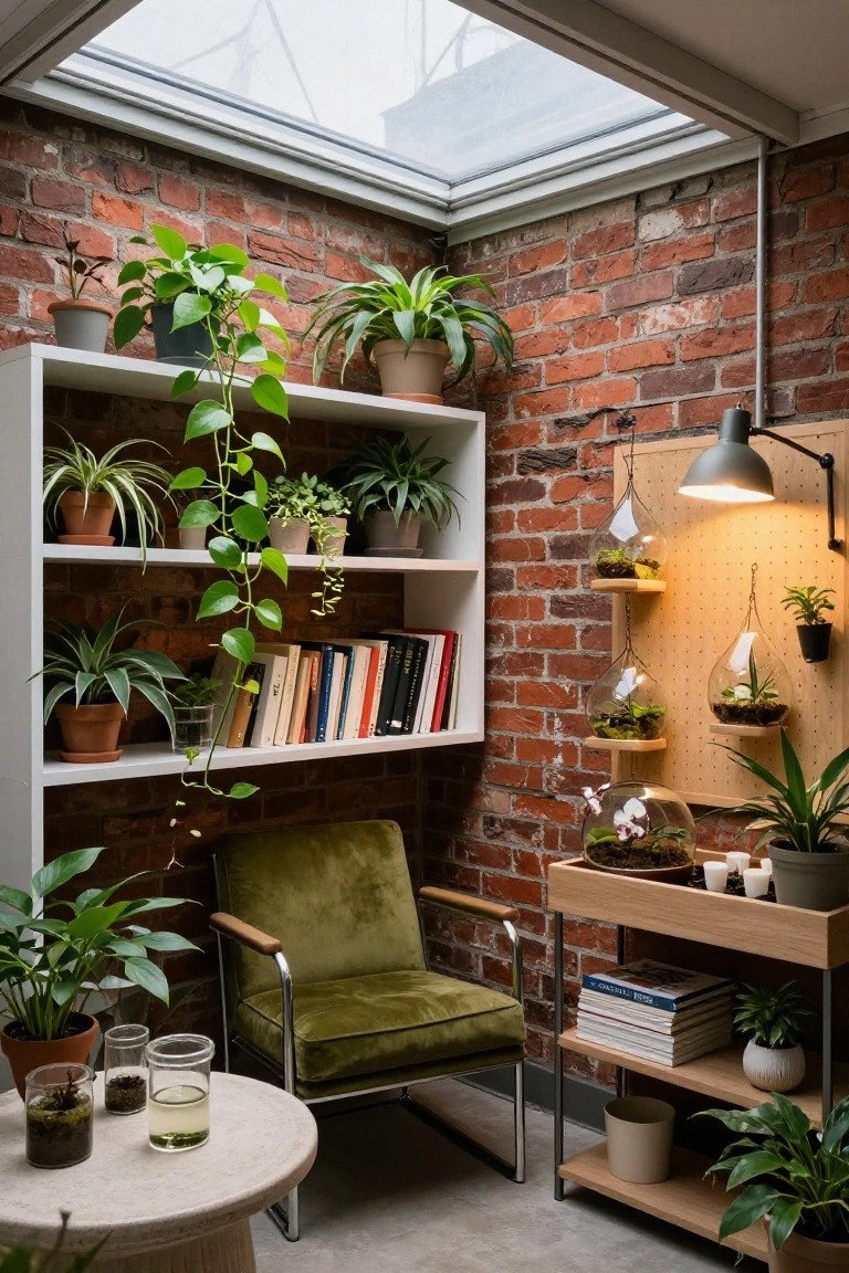 Indoor sunroom corner with exposed red brick walls, white open shelving units filled with various potted plants and trailing vines, hanging glass terrariums on a pegboard, green velvet armchair, wooden cart with books, and stone side table under a skylight.