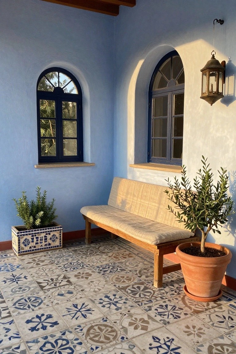 Sunny terrace corner featuring blue stucco walls, two arched windows with dark frames, wooden bench with beige cushions, potted rosemary plant, olive tree in terracotta pot, and intricate blue and beige patterned tile floor.