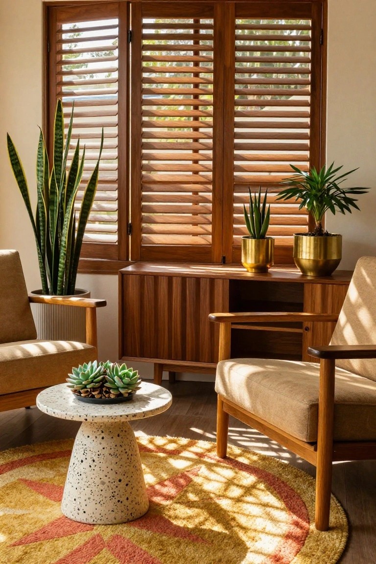 Sunroom corner with two beige upholstered wooden chairs, speckled concrete pedestal table topped with potted succulents, wooden credenza holding gold pots of snake plant and other greenery, slatted wooden shutters on windows allowing filtered sunlight, and a round multicolored rug on the floor.